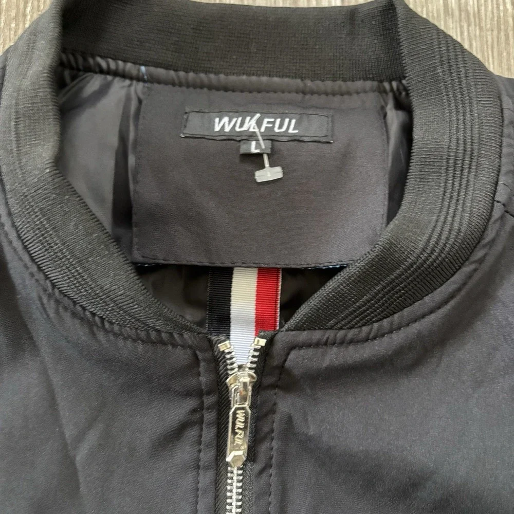 Wulful Men's Casual Lightweight‎ Windbreaker Bomber Jacket Black Size Large